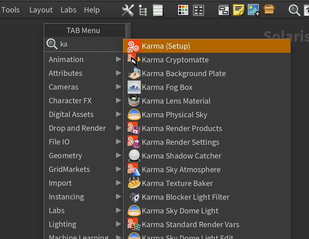 Karma Setup in the Solaris Tab menu