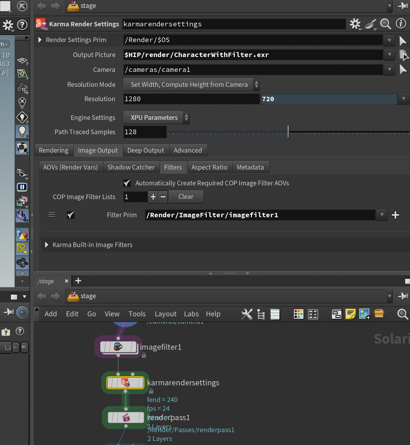 The first Karma Render Settings LOP points to the Image Filter LOP prim