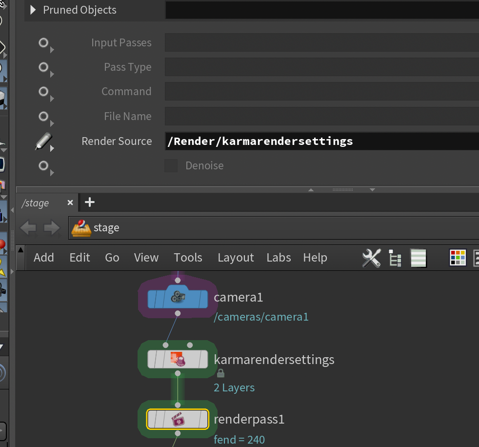 The first Render Pass LOP points to its Karma Render Settings prim