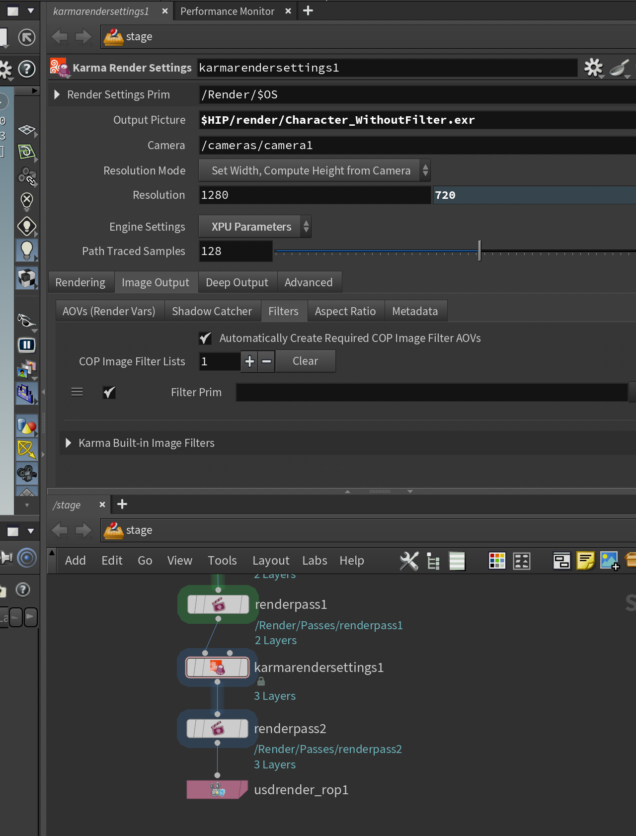 The second Karma Render Settings LOP has a separate output and no image filter