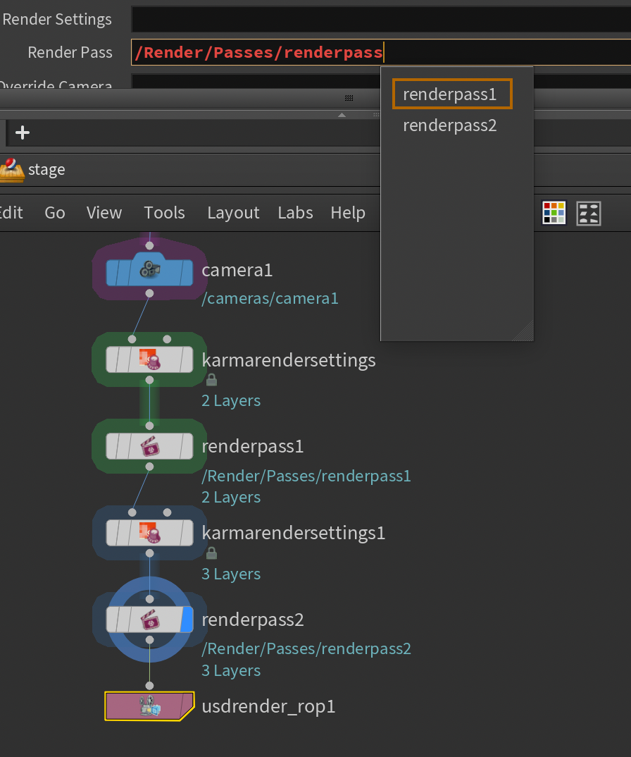 Selecting one RenderPass prim in the USD Render ROP