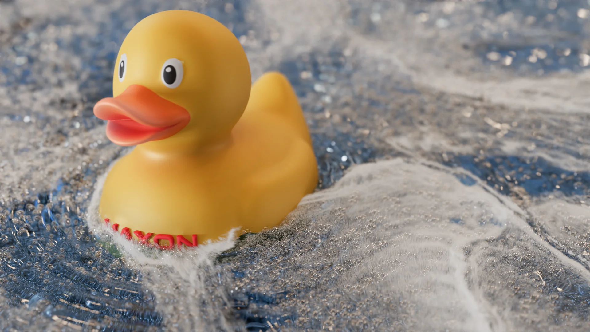 Yellow rubber duck surrounded by foamy blue water in a Cinema 4D 2027 Liquid FX demonstration