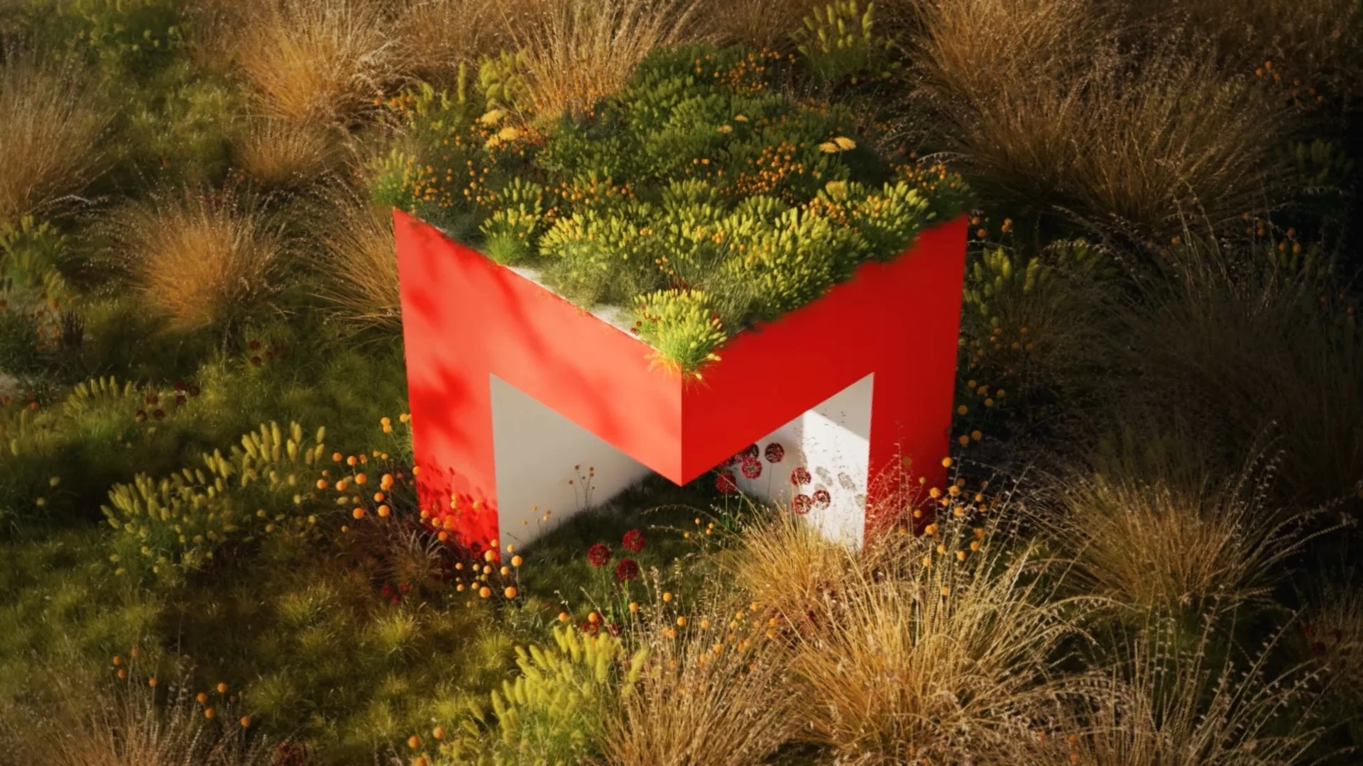 Red Maxon logo surrounded by dense grass and flowers in a Cinema 4D 2027 Scatter demonstration