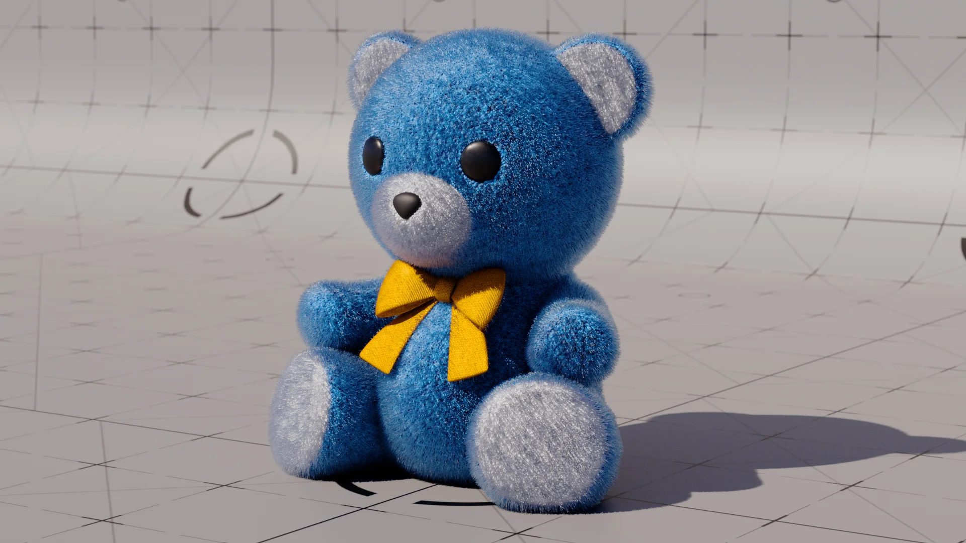 Blue teddy bear with detailed fur and a yellow bow in Maxon's Redshift 2027 Fur example