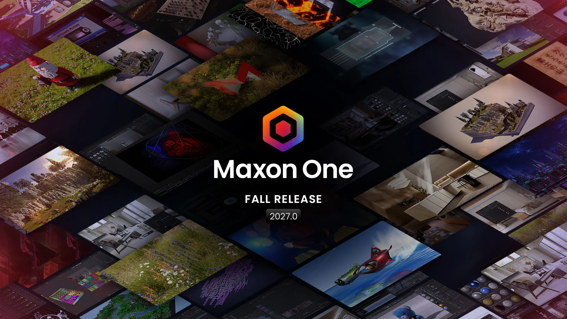 Maxon One Fall Release 2027.0 artwork showing Cinema 4D and other Maxon creative tools