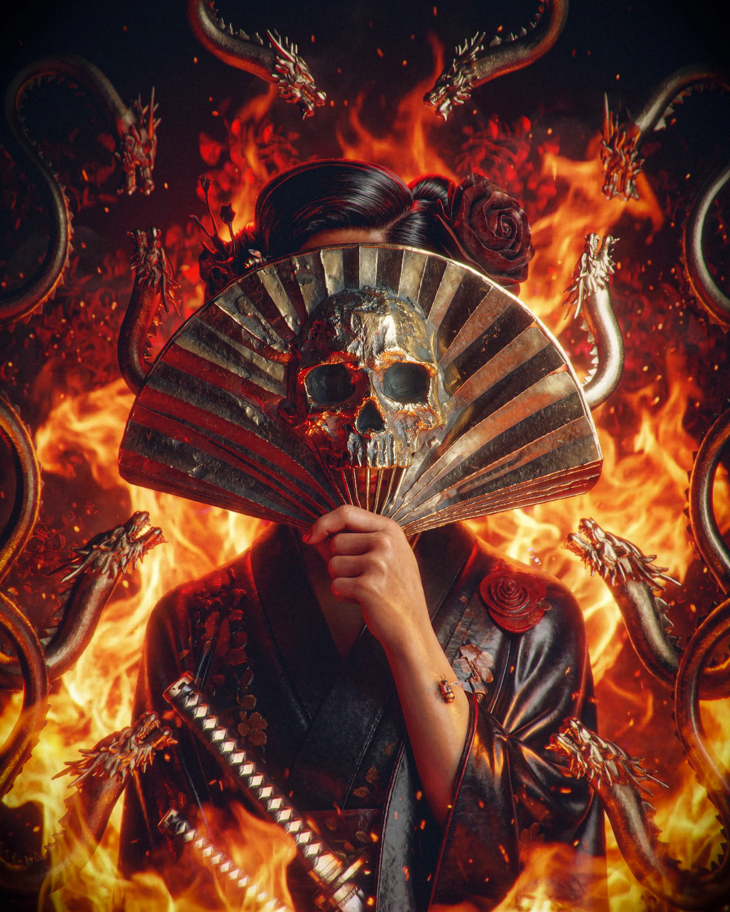 Figure holding a skull fan surrounded by fire and dragons