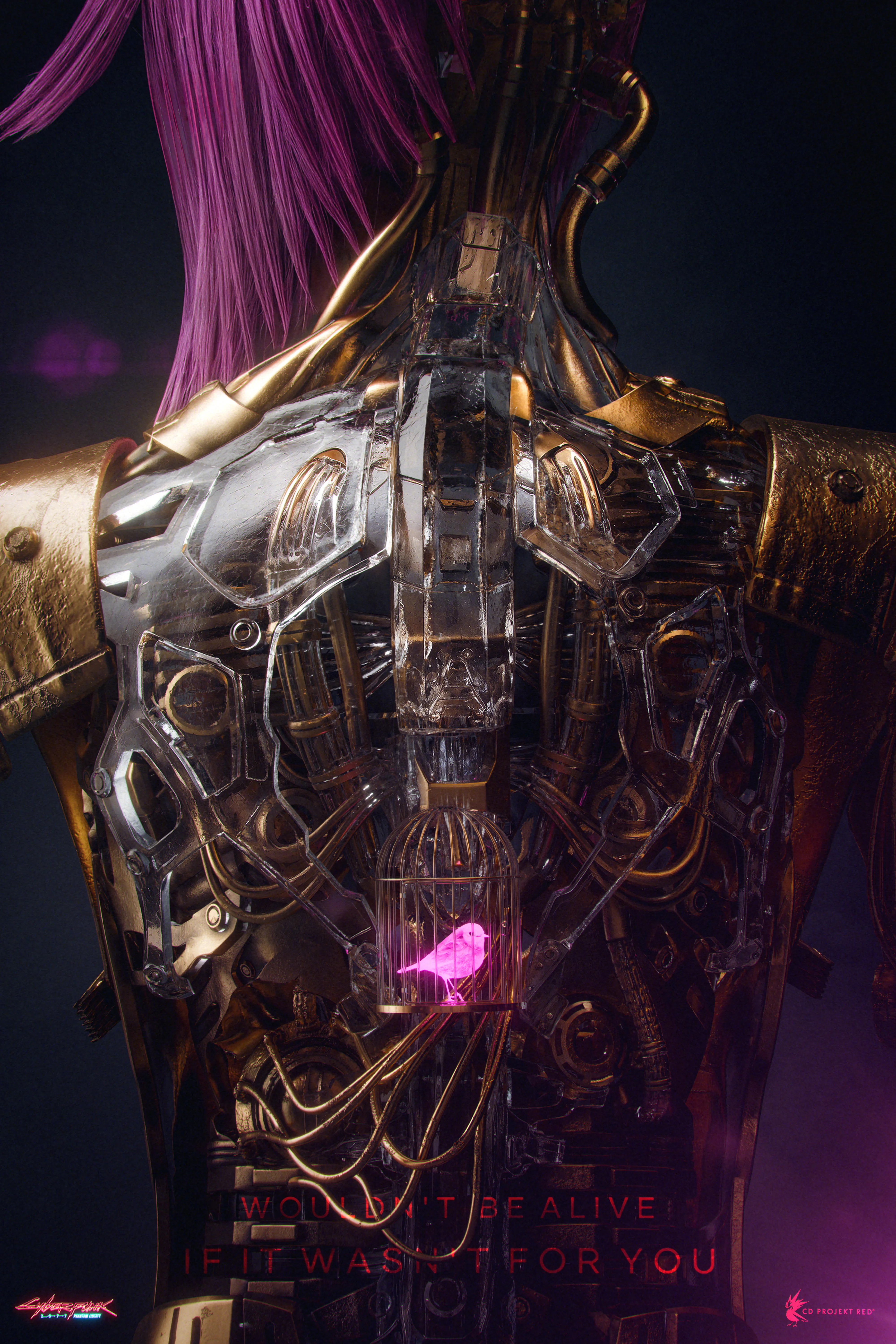 Cyberpunk character artwork with a glowing bird